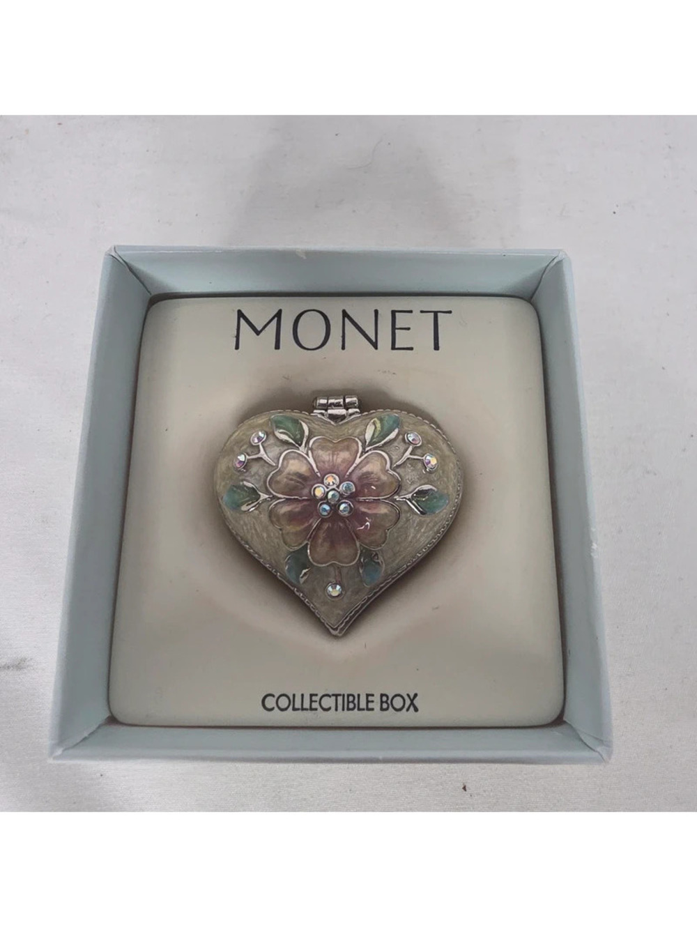 Monet Heart Floral Collectible Trinket Box Rhinestone Enamel w/ Original Box